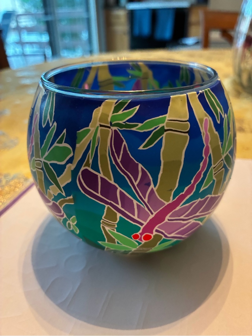 Vibrant dragonfly Blue Floral Glass candle Vase - Decorative Home Art